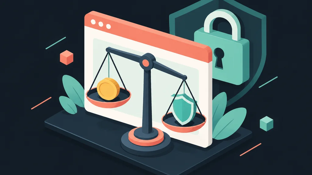 Isometric browser with balance scale and security icons
