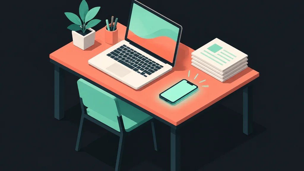 Isometric desk with laptop and phone