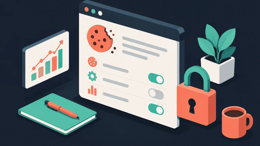 Isometric browser window with cookie controls and analytics