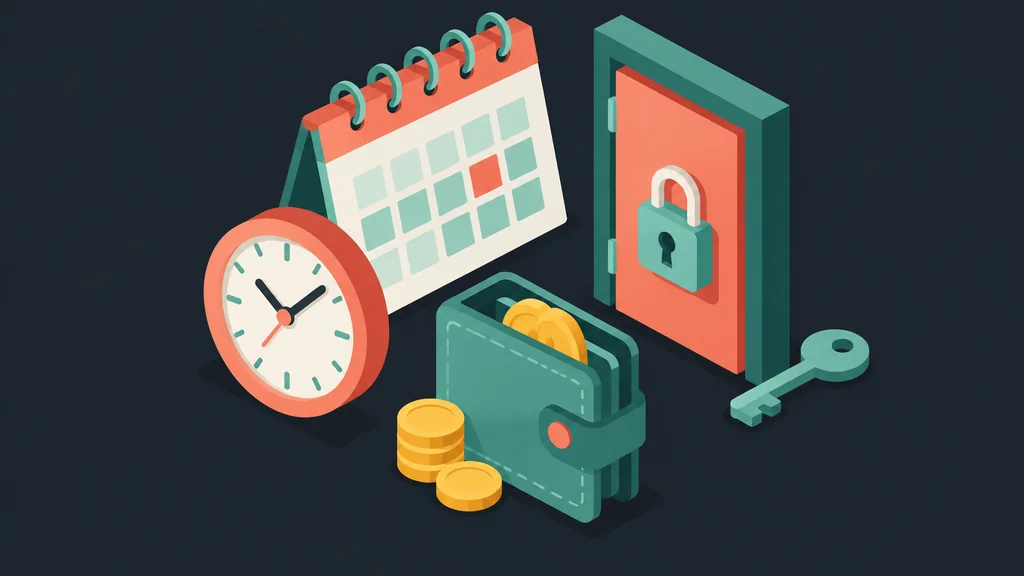 Isometric calendar, clock, wallet and locked door