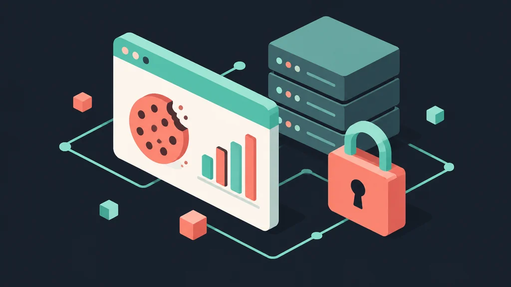 Isometric browser with cookie icon and analytics bar chart