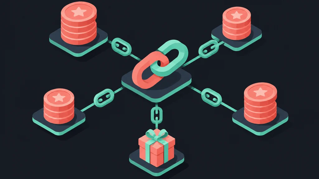 Linked chain icons with coins and gift box